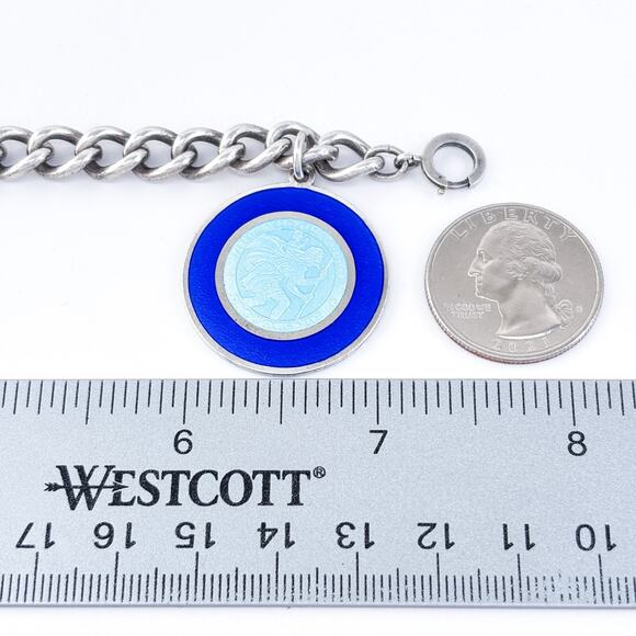 Vintage Sterling Silver 925 Blue St. Christopher Medal Charm Bracelet 7.5" - Picture 5 of 7